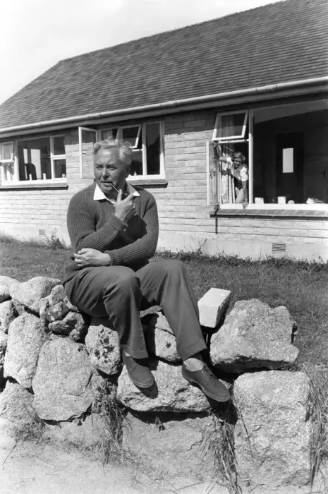 Framed Print : Labour Party leader Harold Wilson on holiday outside his cottage at St Framed Print : Labour Party leader Harold Wilson on holiday outside his cottage at St