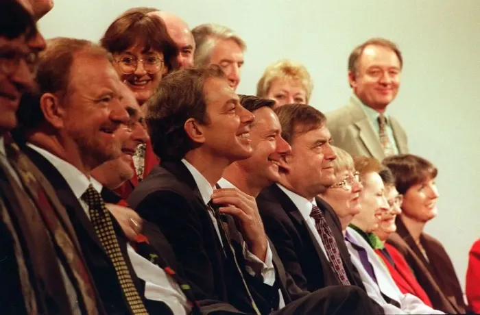 Framed Print : Labour Party NEC Millbank Tower London Tony Blair adjusts his tie for the group picture