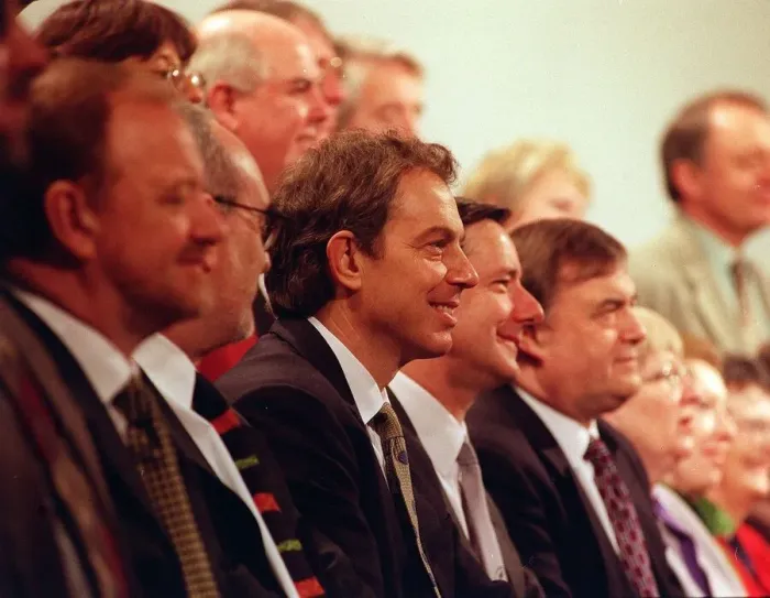 Framed Print : Labour Party NEC Millbank Tower London Tony Blair sits for a group picture of the NEC