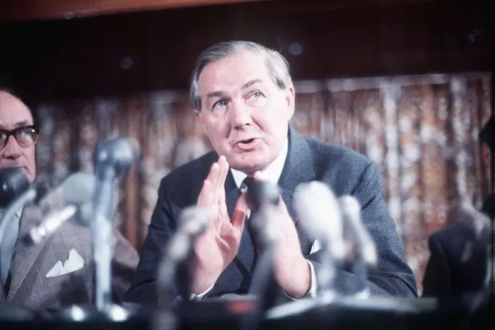 Framed Print : Labour politician and Prime Minister James Callaghan at the press conference over Framed Print : Labour politician and Prime Minister James Callaghan at the press conference over