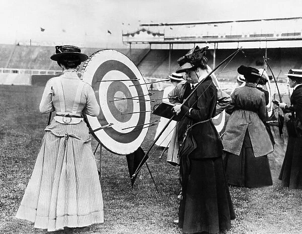 Ladies competing in an archery contest at the Olympic stadium in London 1908