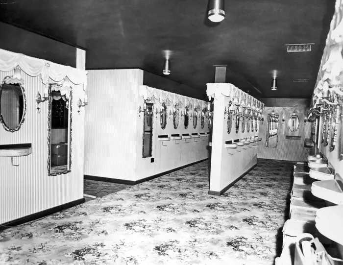Framed Print : The ladies powder room at the Lacarno Ballroom in Coventry / Each mirror has a bracket Framed Print : The ladies powder room at the Lacarno Ballroom in Coventry / Each mirror has a bracket