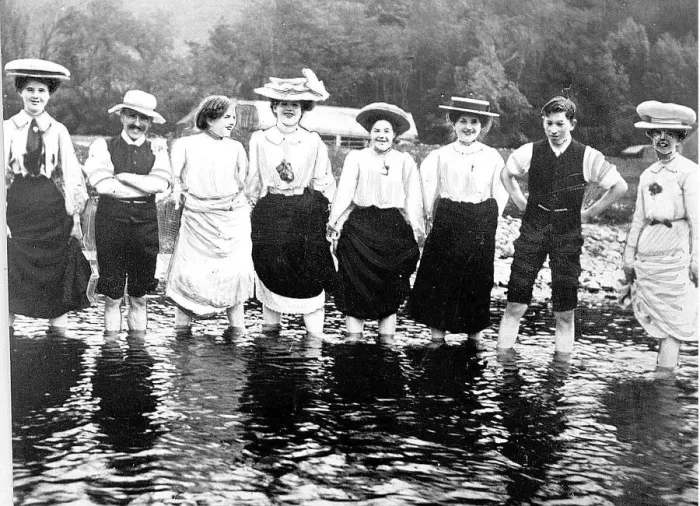 Framed Print : Lads and lasses plodging in a stream on a day out in everday wear Framed Print : Lads and lasses plodging in a stream on a day out in everday wear