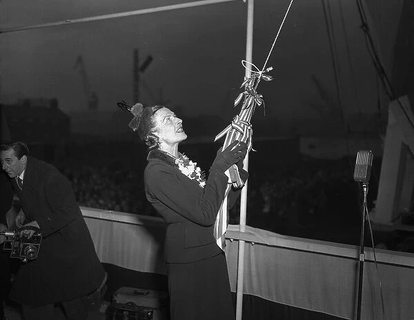 Lady Mountbatten visiting Tyneside to launch a new Naval Frigate 1955