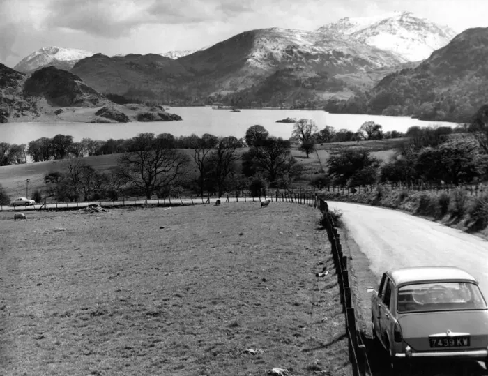 Framed Print : Lake District - A car travels along at Ullswater looking towards Patterdale 1 May 1967
