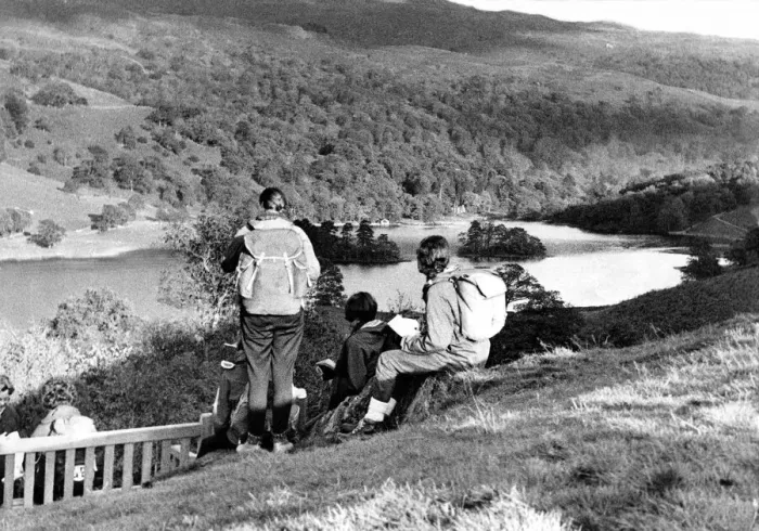 Framed Print : Lake District - Grasmere - A hiking party looks down towards Grasmere Lake 2 November