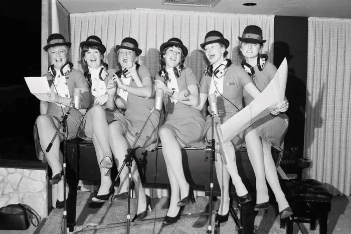 Framed Print : Six Laker stewardesses make a record dedicated to Freddie Laker called