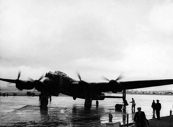 A Lancaster bomber preparing for take-off during the Second World War. Circa 1944
