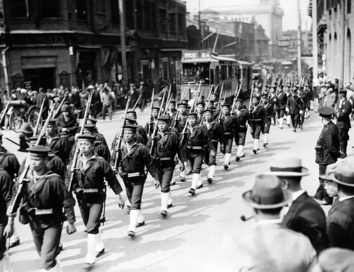 Framed Print : A large force of Japanese sailors marching from their ship through the streets of Framed Print : A large force of Japanese sailors marching from their ship through the streets of