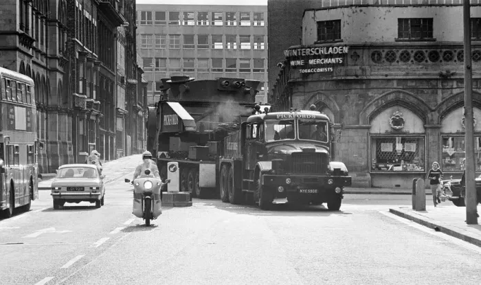 Framed Print : Large Load being moved through the streets of Middlesbrough, Durham Street, Circa 1973 Framed Print : Large Load being moved through the streets of Middlesbrough, Durham Street, Circa 1973