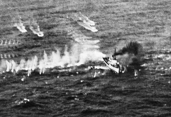 A large tanker was hit amid ships by a torpedo, , one minesweeper