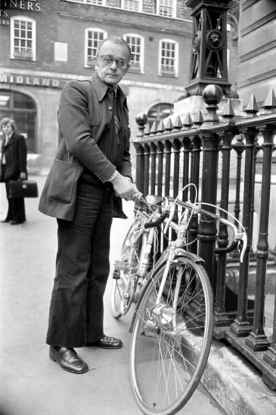 Larry Adler, musician seen here with his push bike. April 1975 S75-1891-001