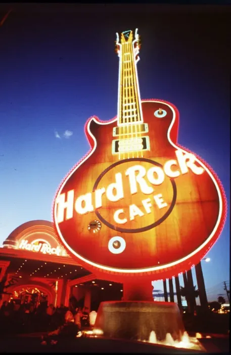 Framed Print : Las Vegas at night, 1997. The Hard Rock Cafe - restaurant front with giant electric