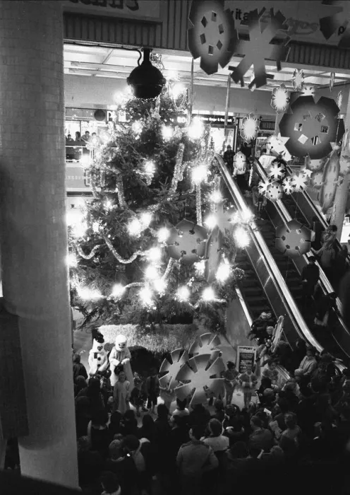 Framed Print : Late night shoppers admiring the giant Christmas tree and display following Reading Framed Print : Late night shoppers admiring the giant Christmas tree and display following Reading