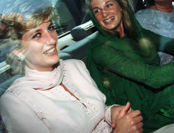 Framed Print : A laughing Princess Diana leaves Lahore Airport in Pakistan with her friend Jemima Khan