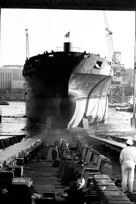 Framed Print : The launch of the merchant ship Johanna Oldendorff at the Southwick slipway of North-East