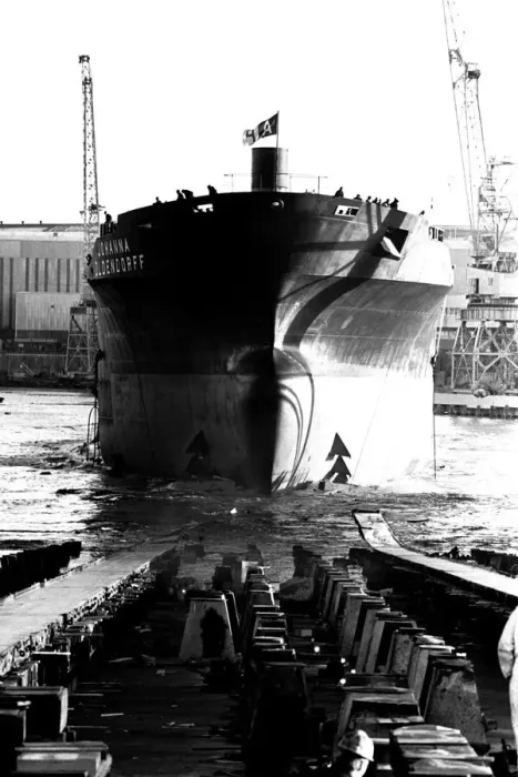 Framed Print : The launch of the merchant ship Johanna Oldendorff at the Southwick slipway of North-East Framed Print : The launch of the merchant ship Johanna Oldendorff at the Southwick slipway of North-East