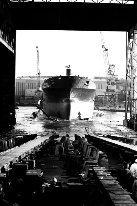 Framed Print : The launch of the merchant ship Johanna Oldendorff at the Southwick slipway of North-East Framed Print : The launch of the merchant ship Johanna Oldendorff at the Southwick slipway of North-East