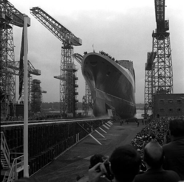 The launch of the QE2 ship at Clyde shipyard in September 1967