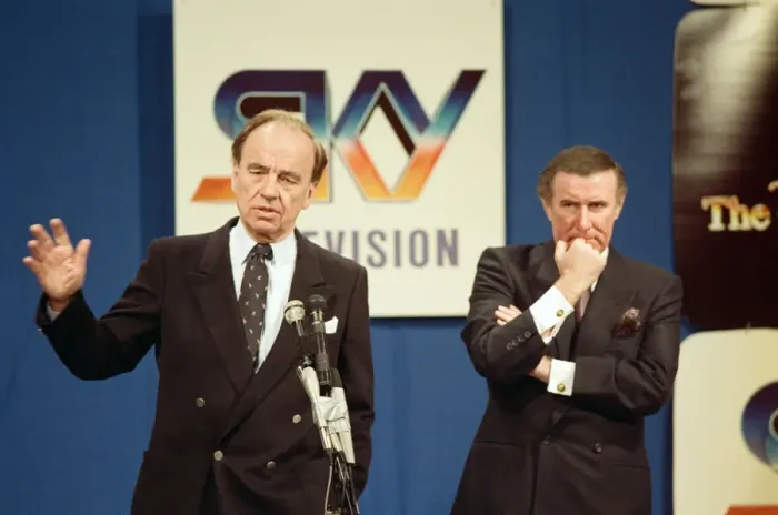 Framed Print : The launch of Sky TV. Andrew Neil and Rupert Murdoch. 5th February 1989 Framed Print : The launch of Sky TV. Andrew Neil and Rupert Murdoch. 5th February 1989