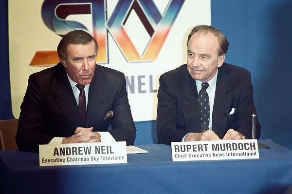 The launch of Sky TV. Andrew Neil and Rupert Murdoch. 5th February 1989