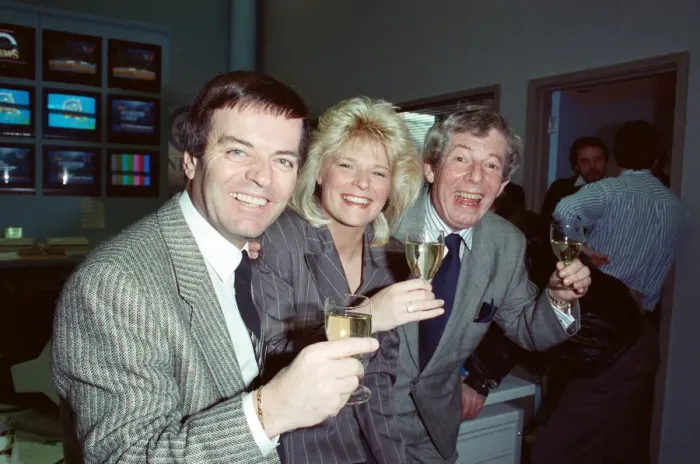 Framed Print : The launch of Sky TV. Tony Blackburn and Derek Jameson. 5th February 1989