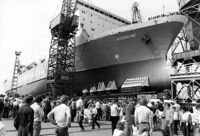 Framed Print : Launching ceremony for the Ro-ro cargo ship Jacqueline at Smiths Dock at South Bank Framed Print : Launching ceremony for the Ro-ro cargo ship Jacqueline at Smiths Dock at South Bank