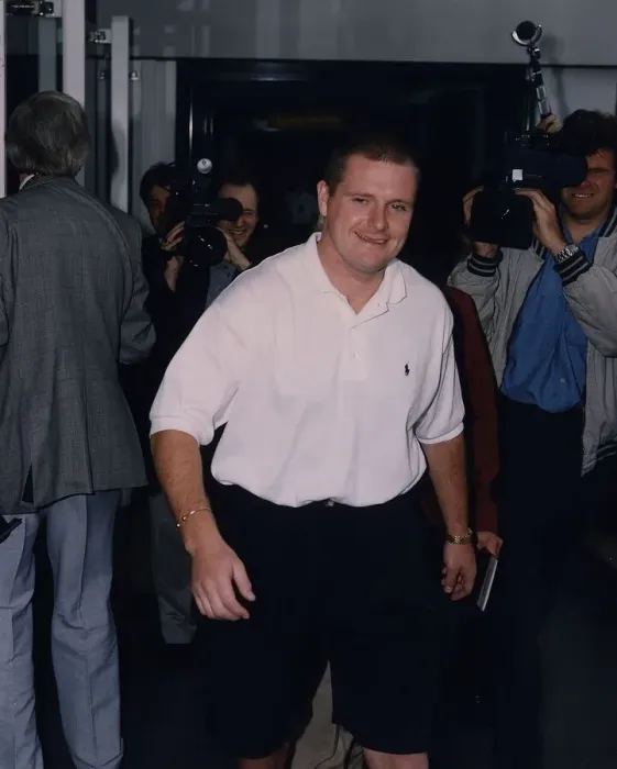Framed Print : Lazio and England footballer Paul Gascoigne at Heathrow airport in London Framed Print : Lazio and England footballer Paul Gascoigne at Heathrow airport in London