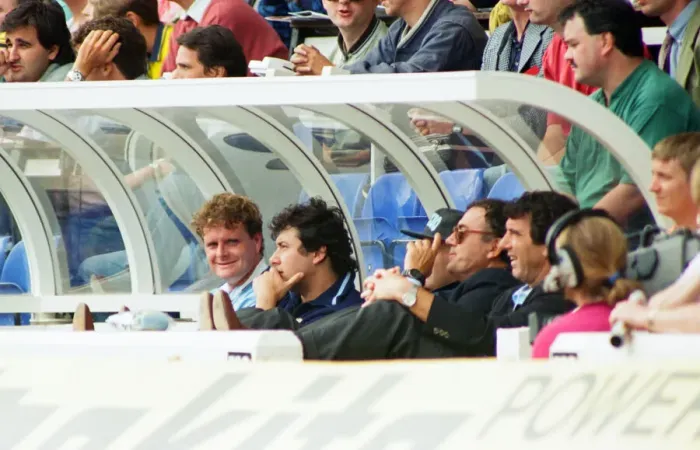 Framed Print : Lazio footballer Paul Gascoigne on the bench along with his manager Dino Zoff (right Framed Print : Lazio footballer Paul Gascoigne on the bench along with his manager Dino Zoff (right