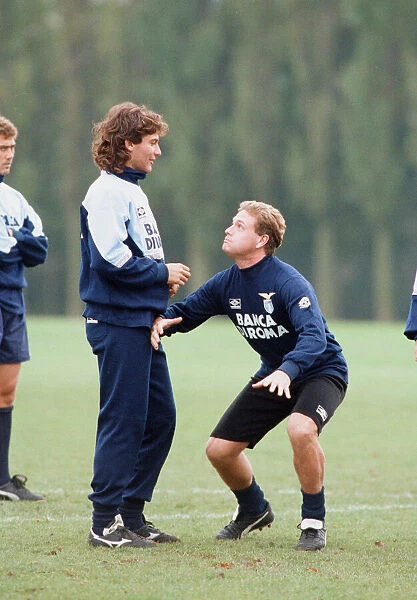 Lazio footballer Paul Gascoigne clowning around with teammates during a team training