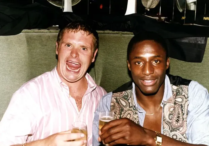Framed Print : Lazio footballer Paul Gascoigne football photographed at a nightclubwith John Fashanu as