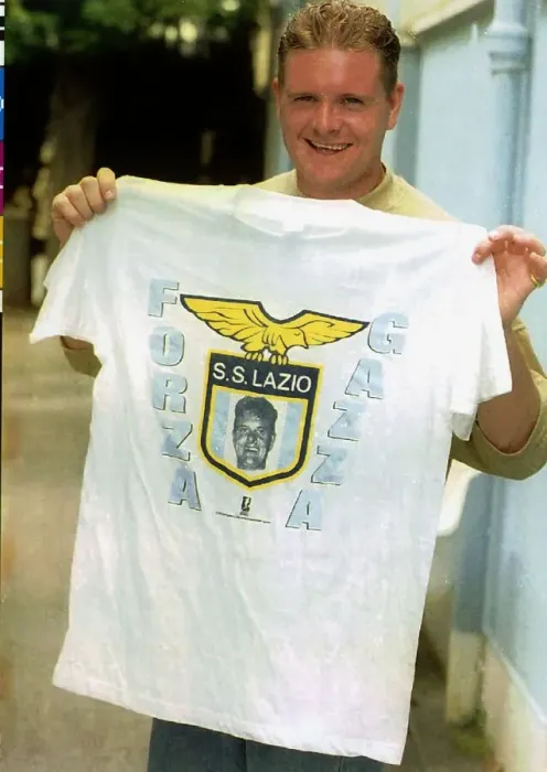 Framed Print : Lazio footballer Paul Gascoigne holds a club t shirt after a training session 26th Framed Print : Lazio footballer Paul Gascoigne holds a club t shirt after a training session 26th