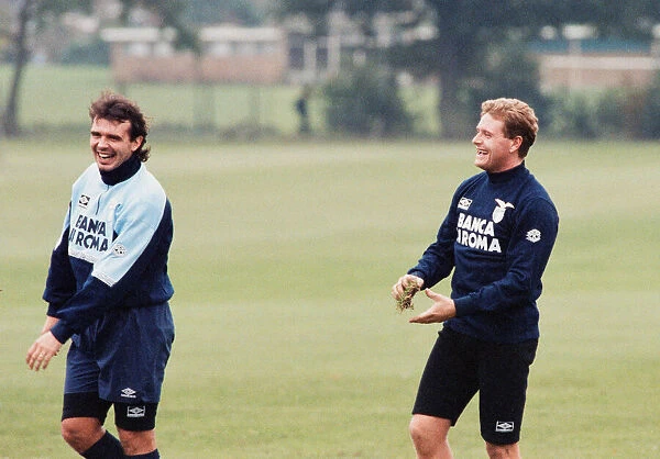Lazio footballer Paul Gascoigne with teammate Roberto Cravero during a team training