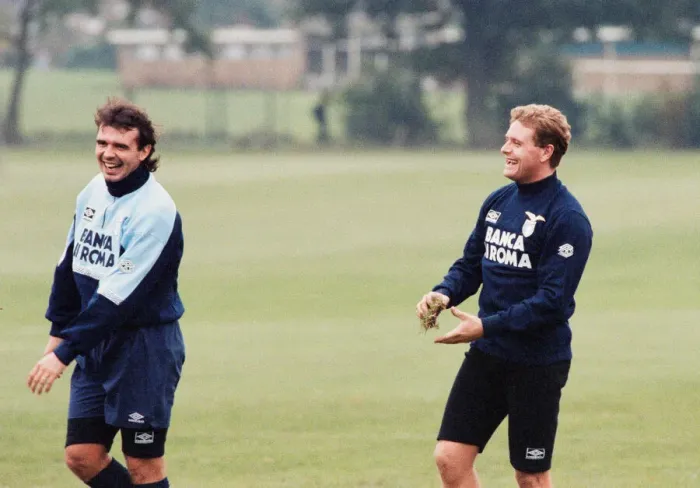 Framed Print : Lazio footballer Paul Gascoigne with teammate Roberto Cravero during a team training Framed Print : Lazio footballer Paul Gascoigne with teammate Roberto Cravero during a team training