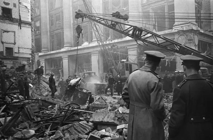 Framed Print : LCC and Civil Defence workers seen here clearing up following a V2 explosion at the Red Framed Print : LCC and Civil Defence workers seen here clearing up following a V2 explosion at the Red