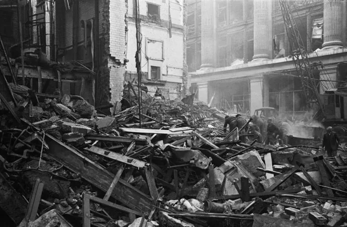 Framed Print : LCC and Civil Defence workers seen here clearing up following a V2 explosion at the Red