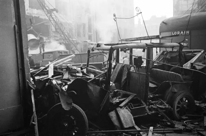 Framed Print : LCC and Civil Defence workers seen here clearing up following a V2 explosion at the Red Framed Print : LCC and Civil Defence workers seen here clearing up following a V2 explosion at the Red