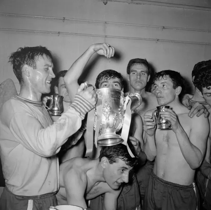 Framed Print : League Cup Final 1965. Leicester City v. Chelsea. Chelsea players celebrate in Framed Print : League Cup Final 1965. Leicester City v. Chelsea. Chelsea players celebrate in