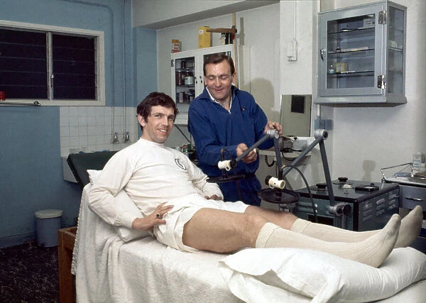 Leeds United footballer Johnny Giles receives tretment on an injury in the physio room
