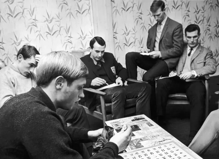 Framed Print : Leeds United players playing Bingo to keep their minds off the game until the last minute Framed Print : Leeds United players playing Bingo to keep their minds off the game until the last minute