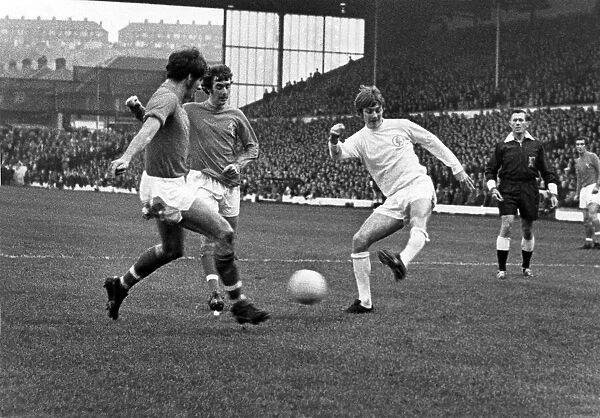 Leeds United V Blackpool. Alan Clarke (right) fires in a shot past Alcock (left