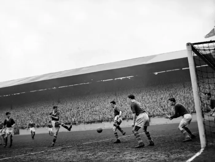 Framed Print : Leeds United v Manchester United Bobby Charlton shoots at goal. March 1957 Framed Print : Leeds United v Manchester United Bobby Charlton shoots at goal. March 1957