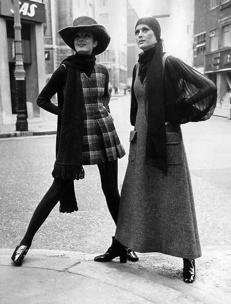 On the left, Clare models a grey check culotte pinafore