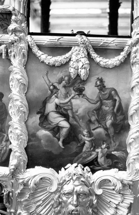 Framed Print : The left hand door of The State Coach which was finished in the year 1761and built under Framed Print : The left hand door of The State Coach which was finished in the year 1761and built under