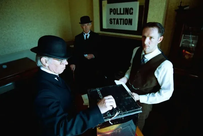 Framed Print : Left John Proud, voter, Bill turnbull, voter, and RobertTthompson, Polling Officer
