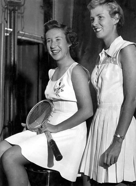 On the left Maureen Connolly wears a tennis outfit made of Italian ribbed rayon with gold