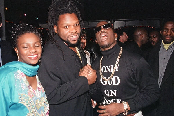 Left to right, unnamed guest, Jazzie B of Soul II Soul and Mark Morrison at The Brit