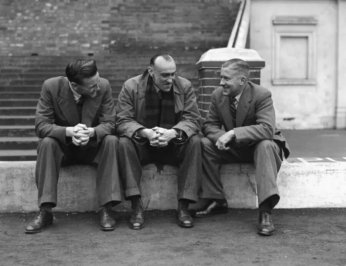 Framed Print : Leicester City footballer Don Revie (left) poses with club directors during a training Framed Print : Leicester City footballer Don Revie (left) poses with club directors during a training