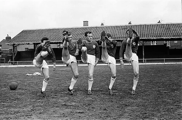 Leicester City team training at Filbert Street. Forwards left to right: Howard Riley