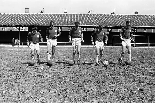 Leicester City team training at Filbert Street. Forwards left to right: Howard Riley